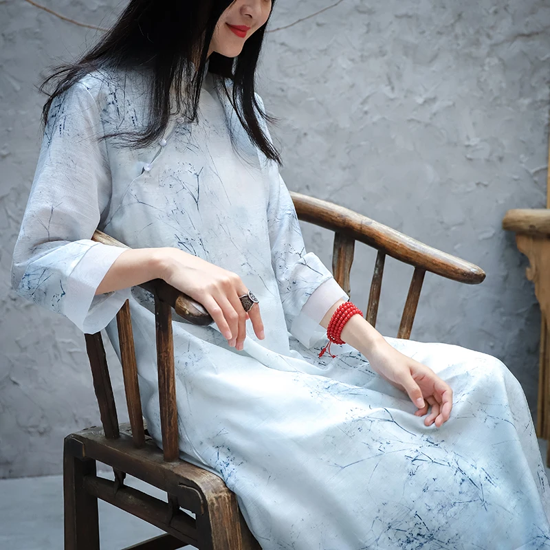 Китайский стиль Cheongsam для женщин Осень семь рукав хлопок лен Кнопка Винтаж Женская одежда трапециевидные платья