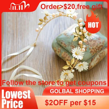 

FORSEVEN Gold Leaf Daisy Flower Headband Bridal Tiaras Hair Jewelry Ribbon Wreath Pearl Headpiece Wedding Bride Hair Accessories