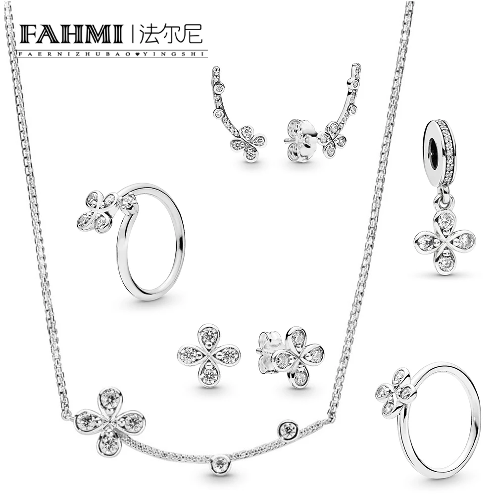 

2019 100% 925 Sterling Silver 2019 Spring Preview Four-Petal Flower Ring Earring Necklace Hanging Charm Launched in Succession