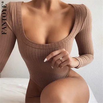 

FANTOYE 2020 New Bodycon Bodysuit Long Sleeve Casual V Neck Rompers Basic One-piece White Black Overalls Women Body Top Jumpsuit