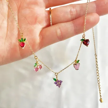 

Shiny Side New Accessories Crystal Fruit Chain Necklaces for Women Cute Cherry Pineapple Grapes Chain Pendant Necklaces