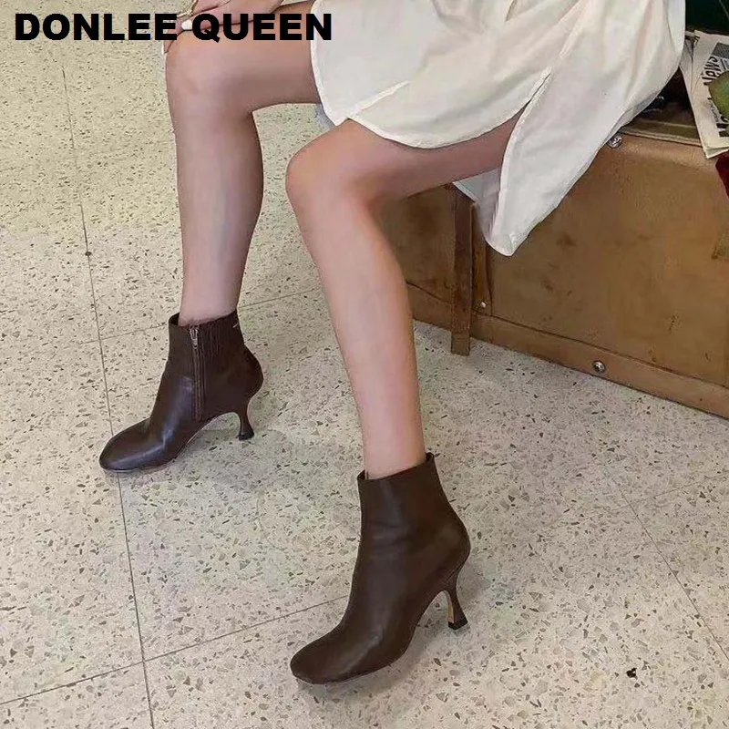 Ботильоны; женская обувь на высоком каблуке; женские ботинки на молнии с квадратным носком; брендовые ботинки «Челси»; черные короткие ботинки для женщин; zapatos de mujer