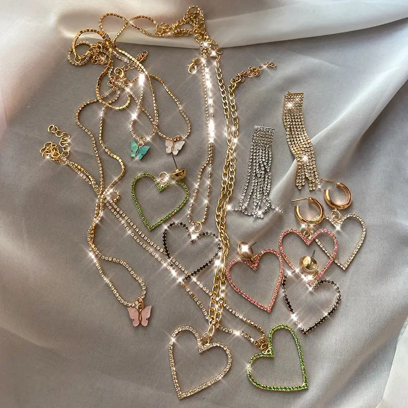 JJFOUCS Geometric Full Rhinestone Jewelry Set Big Heart Pendant Necklaces Fashion Shiny Crystal Dangle Earring Statement | Украшения и