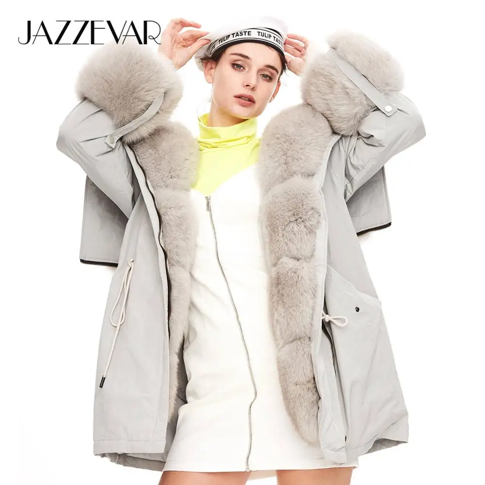 JAZZEVAR Зимнее новое поступление женское пальто топ черный цвет качество средней длины модная женская парка с натуральным мехом зимнее пальто W9087