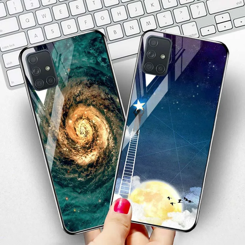 Tempered Glass Case For Samsung Galaxy A21S Cases Luxury Star Space Bumper A51 A71 A41 A31 A11 M01 M31 Covers Fundas | Мобильные