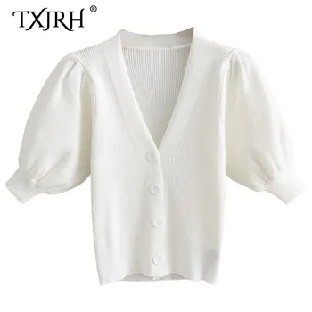 

TXJRH Chic Fashion Deep V-Neck Single-breasted Women Sweater Jumper Short Puff Sleeve Knitted Top kleding jerseis mujer 3 Colors