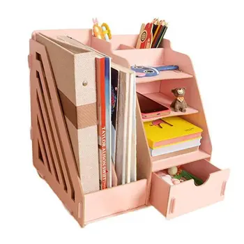 

New-Wood Desk Organizer Drawer Trays Office Desktop Organizers File Holders Office Supplies 4 Tier 6 Compartments (Pink)
