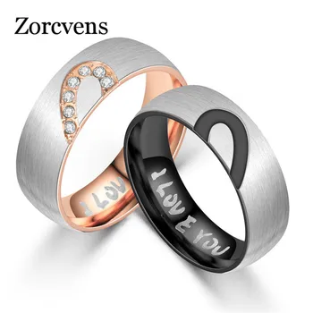 

ZORCVENS Black and Rose Gold Color Stainless Steel CZ Stone Heart Wedding Ring for Women Men Letter "I Love You" Couple Jewelry