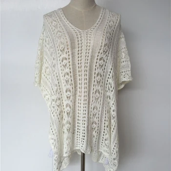 

Fashion Women Swimwear Solid Color V-Neck Tassel Cover Ups Tunic Swimsuit Sunscreen Summer Beach Smock Knitting Blouse Beachwear