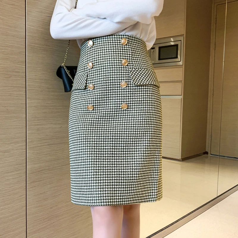 Woolen Double Breasted Skirt Winter Women Vintage Plaid High Waist Femininas Sheath Package hip houndstooth | Женская одежда