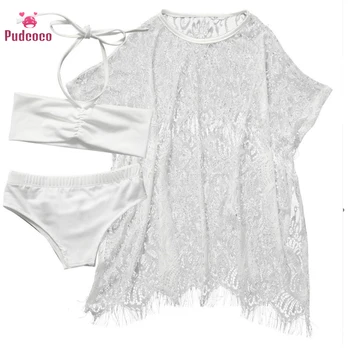 

Pudcoco 3PCS Set Girls Kids Summer Lace Beachwear Bathing Suit Bikini Set +Cover up Swimsuit Swimwear Beach Dress Girls Clothes