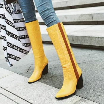 

Black Yellow Blue Knee High Boots Western Cowboy Boots for Women Long Winter Boots Pointed Toe Cowgirl Square Heel Motorcycle