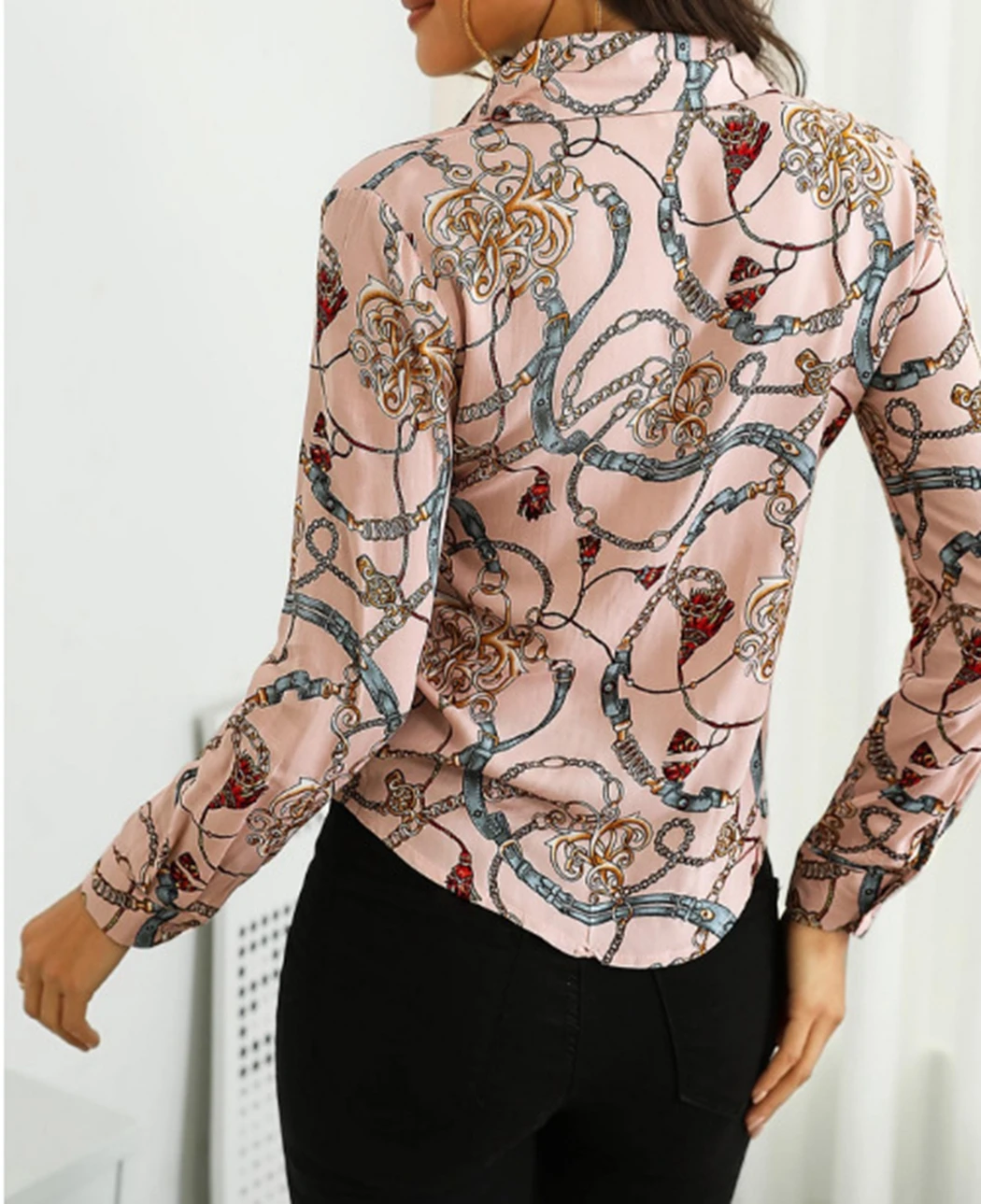 Autumn Long Sleeve Chiffon Blouse Office Ladies Chain Print Blouses OL Style Women Lace Up Bow Buttons Shirt Tops Blusas