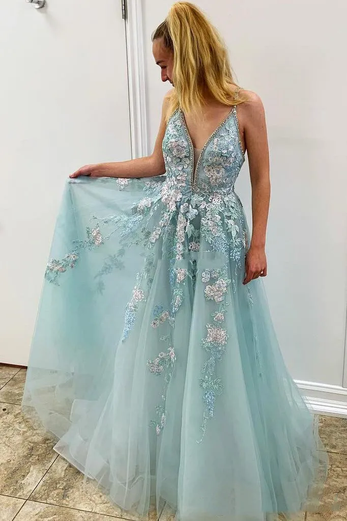 Chic Spaghetti V-Neck Prom Dresses Long Lace Appliques Sequins Beaded Backless Formal prom Gowns Custom vestidos de gala - Цвет: Синий