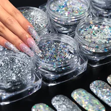8 коробок/набор голографические пайетки для ногтей лазерные Серебристые зеркальные Порошковые блестки хромированные хлопья для маникюра украшения блестки LA1506-13