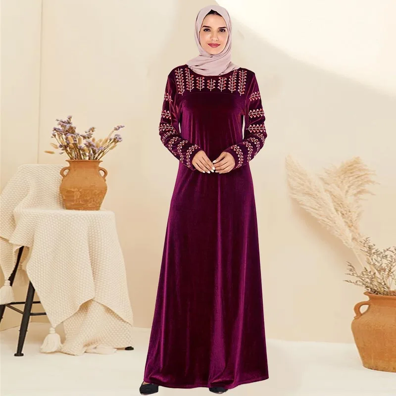 BNSQ Бургундия Толстое Зимнее бархатное платье с длинным Hijabs мусульманская одежда Дубай индонезийский Макси индийские платья Lehenga