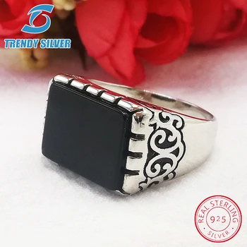 

silver 925 fine jewelry man rings men accessories turquoise gemstone natural black onyx agate wholesale TRENDY SILVER TCR401