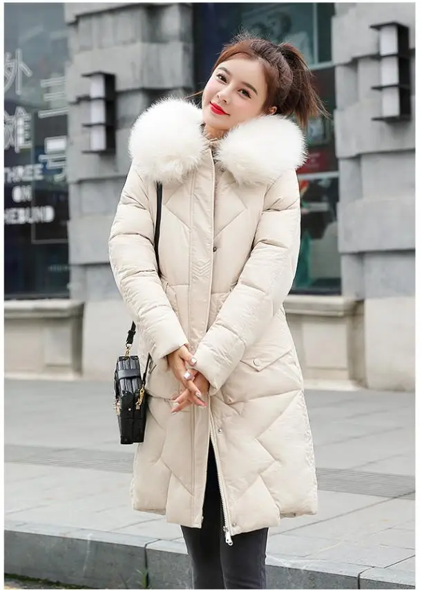 Col fourrure hiver manteau femmes а capuche парка longues vestes femme mince chaud epaissir vers le bas coton ouatine out