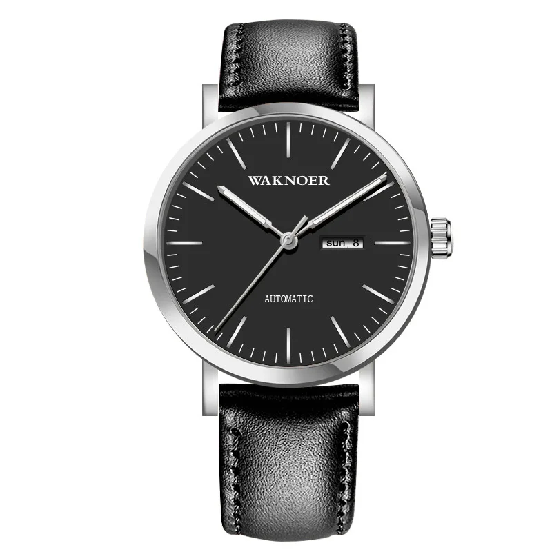 black-black-silver Повседневные мужские механические часы с кожаным ремешком, простые наручные часы с двойным календарем, светящиеся мужские часы waknoer Masculino relogio hours - Цвет: black-black-silver