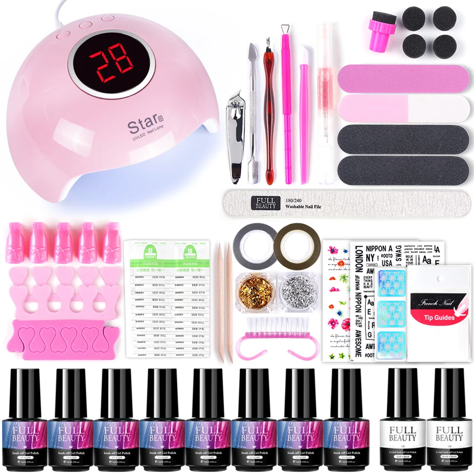 

30W UV Led Lamp Set With Nail Gel Polish Varnish Soak Off Manicure Kit Cuticle Pusher Files Decorations Nail Art Tools TR1574
