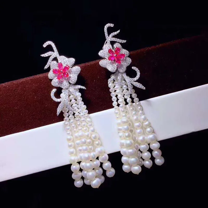 White Pearl Round Cz Pave Flower Stud Earrings