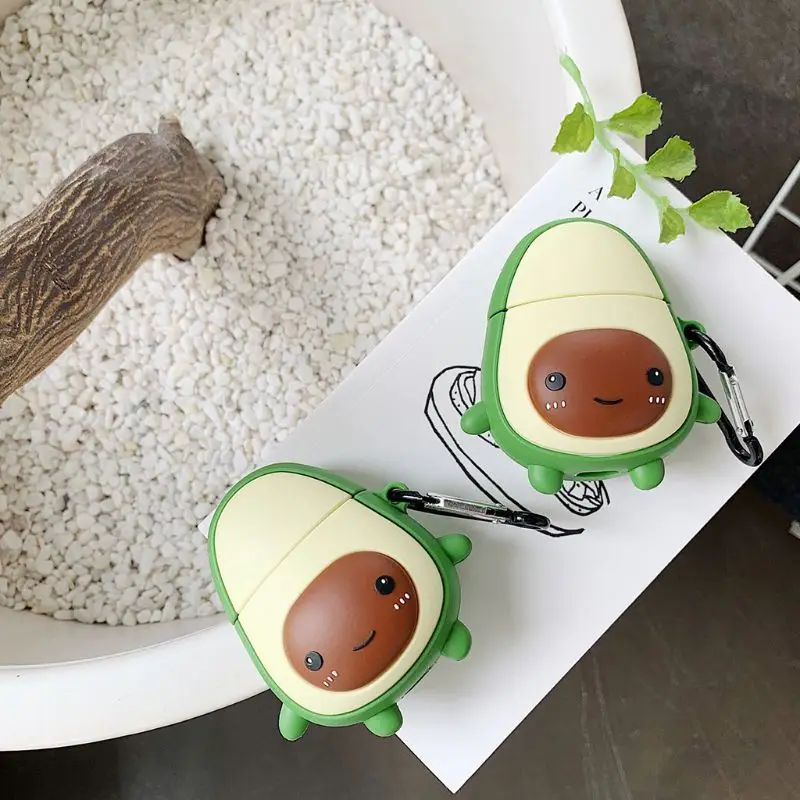 

Cute Avocado Pattern Soft Silicone Protective Cover Shockproof Case Skin with Carabiner for Airpods 1/2 Charging Box
