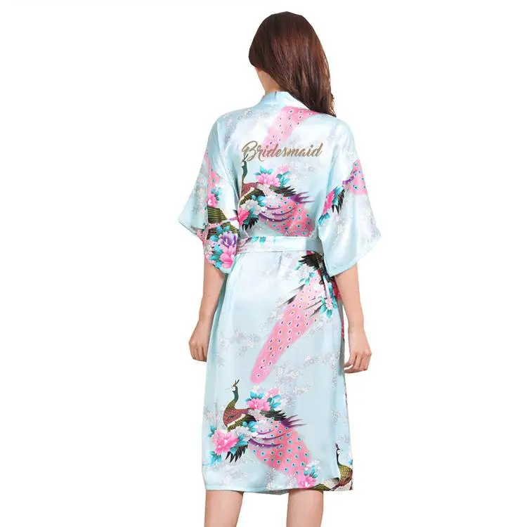 Короткий рукав с принтом павлина невесты свадебное платье невесты длинное повседневное Домашняя одежда с надписью «Подружка невесты» кимоно ночное белье - Цвет: Blue D
