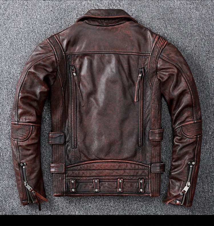 2021 Vintage Brown Motorcycle Leather Jacket Men Natural Genuine Cowhide Jackets Autumn Slim Fit Biker's Ooblique Zipper Coat men's genuine leather coats & jackets