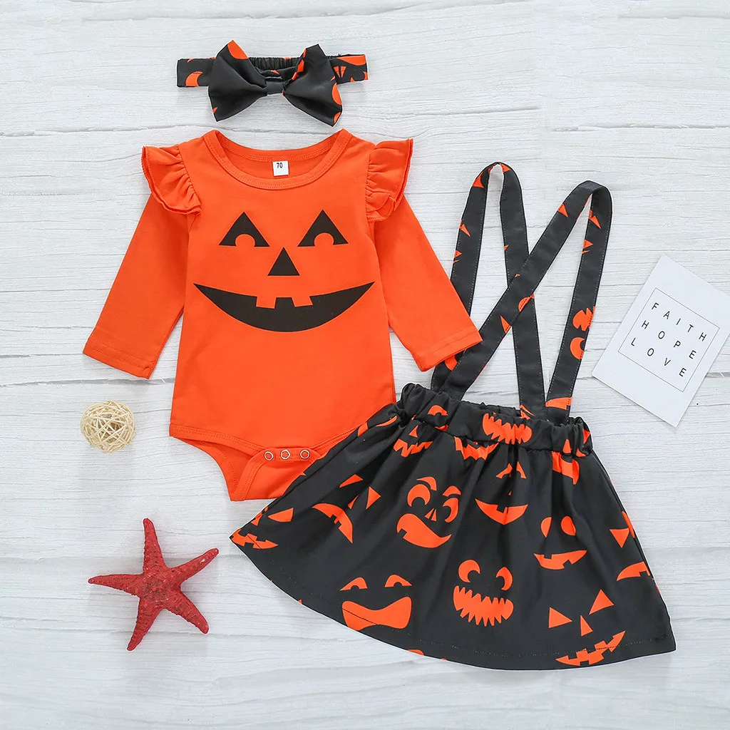 Fashion Toddler Infant Baby Kids Girls Clothes Long Sleeve Halloween Printed Romper Bib Skirt Headbands Outfits Set Costumes#p4 | Мать и
