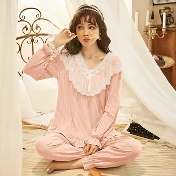 

Autumn New Princess Pajamas Long-sleeve V-neck Ruffles Pyjamas Sweet Lace Printed Splicing Cotton Homewear Nightwear Two-piece