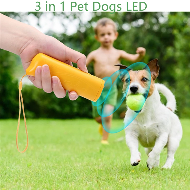 Dispositivo ahuyentador LED 3 en 1 para perros, repelente ultrasónico para entrenamiento canino, dispositivo antiladridos con luz Flash, silbato portátil para exteriores