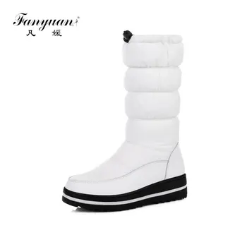 

fanyuan 2020 New genuine leather snow boots women thick fur warm down mid calf winter boots round toe platform shoes size 35-44