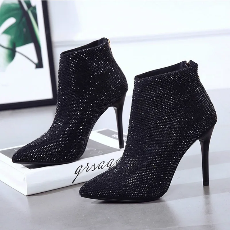 Черный Rhinestone Ankle Boots Women High Heels Booties Pointed Toe Shoes Female Bling Wedding Shoes Ladies Winter - Цвет: Черный