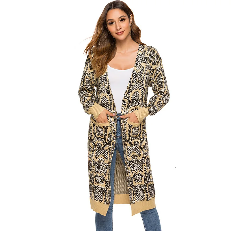 

New Autumn Fashion Snake Knit Outwear Woman Sweater Coats Ladies V-neck Loose Long Fund Casual Pockets Soft Comfy Cardigan 2020