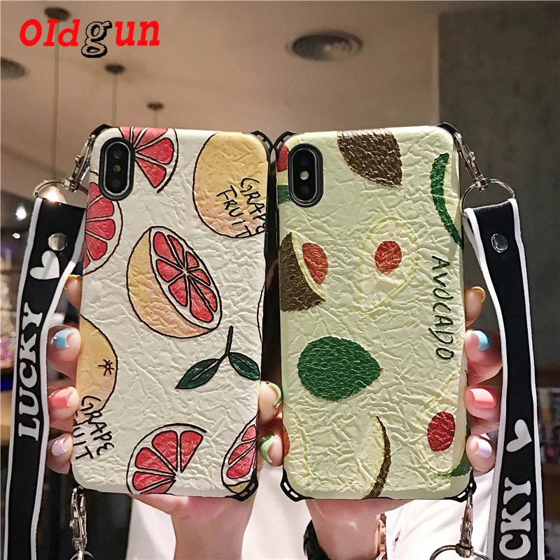 

2019 promotion avocado lanyard iPhone XR mobile phone shell green fruit map for iPhone 11 pro simple and clear mobile phone bag