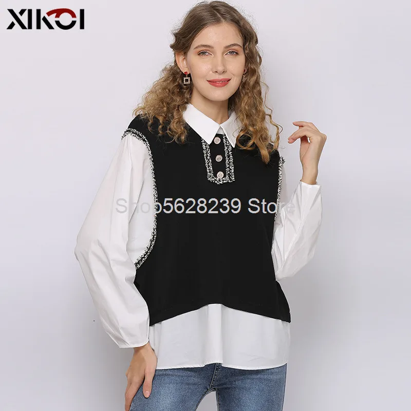 

Xikoi Knitting Shirt Female 2020 Season Small Xiangfeng Top Splicing Temperament Commute Women's Wear