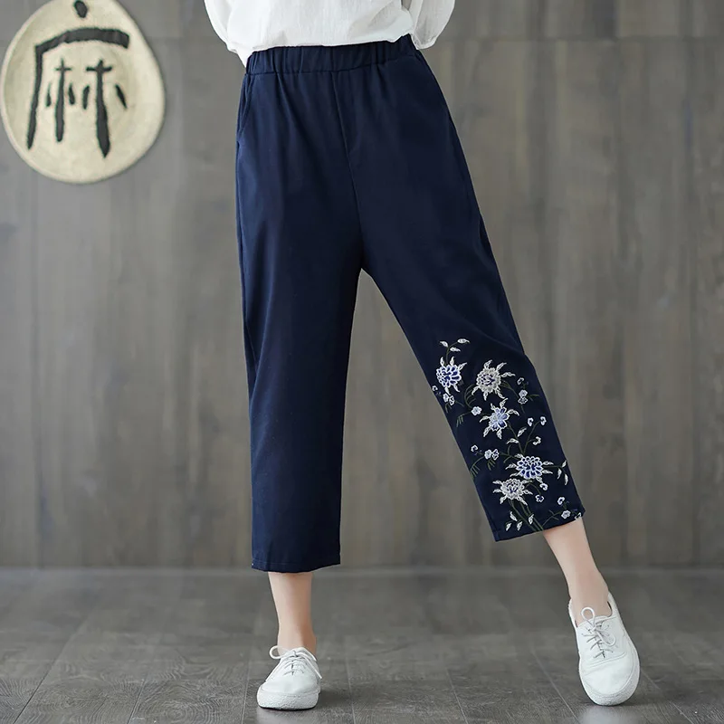 

2019 Summer New Style Embroidered Cotton Linen Retro Artistic Capri Casual Pants
