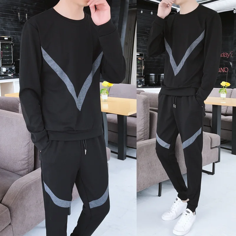 

Autumn New Style Joint Trousers Long-sleeve Sweater Set Men's Trend Loose And Plus-sized Set