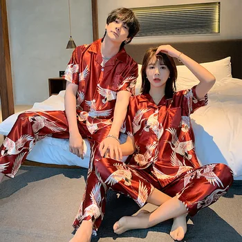 

Hs1403-1501# New Style Couples Cardigan Silk Short Sleeve Trousers Pajamas Men's Ladies Home Leisure Suit Collection