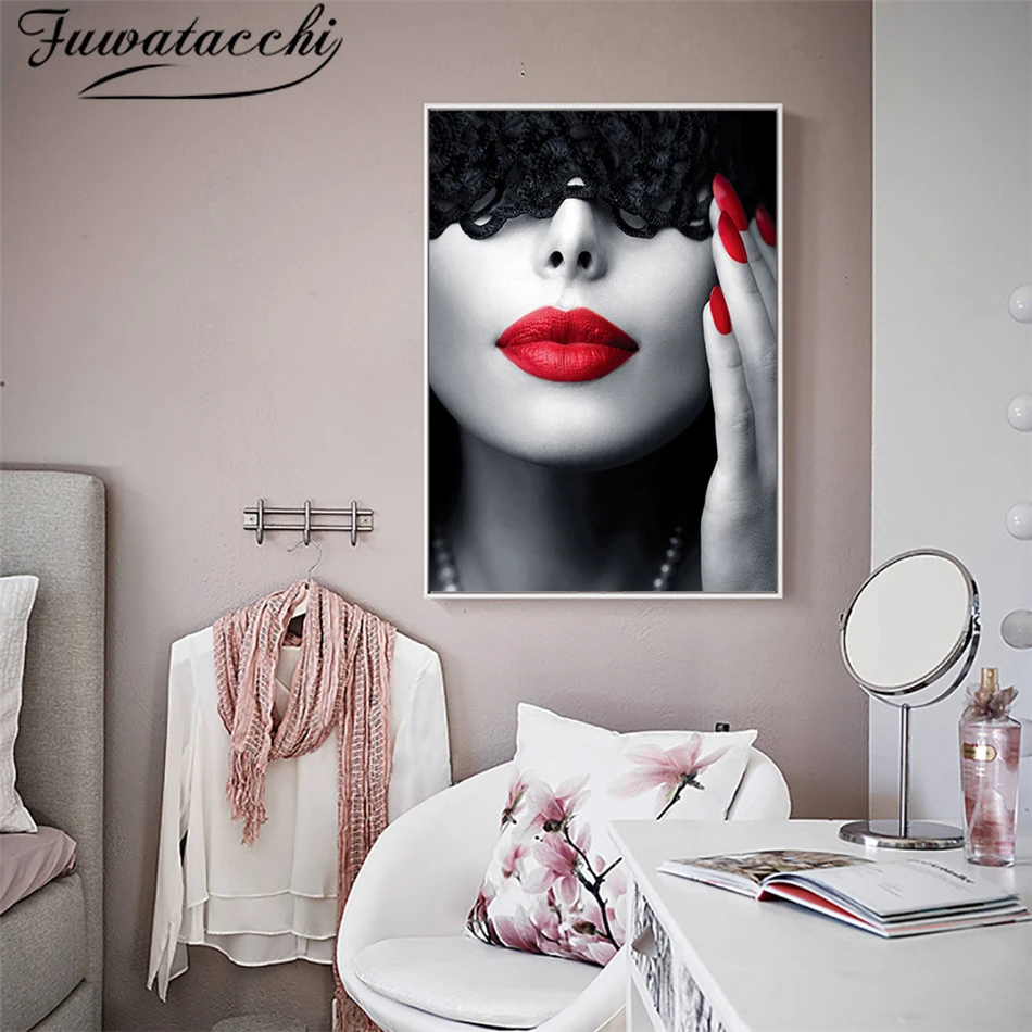 

Fuwatacchi Lace Masked Woman Portrait Wall Art Oil Printing Abstract Picture Painting for Home Decor Living Room Prints and Post