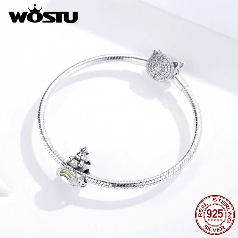 WOSTU Настоящее 925 пробы серебряный единорог на день рождения бисер торт кулон подходит браслет талисманы серебро 925 ювелирные изделия FIC1311