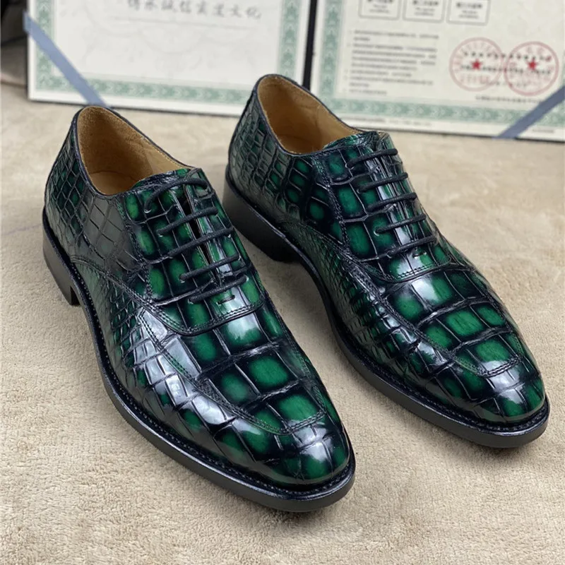 Authentic Crocodile Belly Skin Handmade Men's Party Dress Shoes Genuine Alligator Leather Male Lace-up Green Oxford Shoes