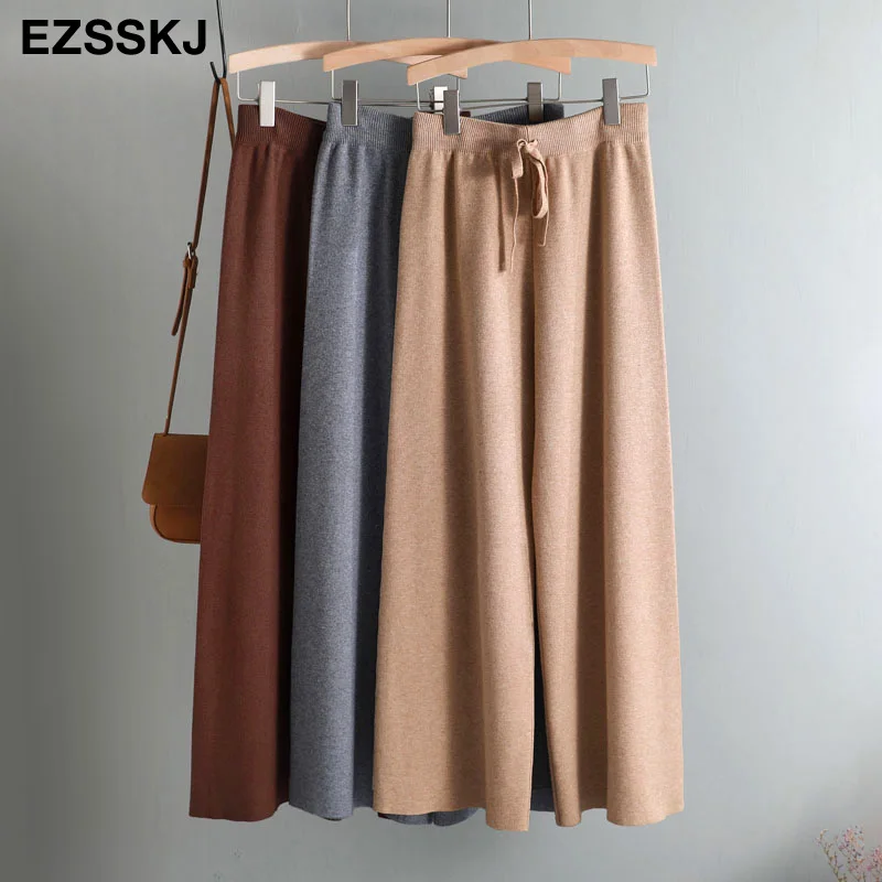 2020 autumn winter new THICK casual straight pants women female drawstring loose knitted wide leg pants casual Trousers