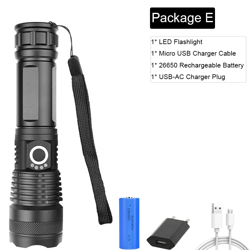 Самый мощный светодиодный фонарь, перезаряжаемый через USB, фонарь XHP50, водонепроницаемый, 5 режимов, масштабируемый, 26650, 18650, аккумулятор, для кемпинга, охоты - Испускаемый цвет: Package E