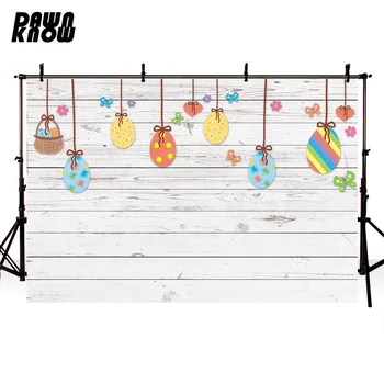 

DAWNKNOW Happy Easter Day Wood Wall Photography Background Cartoon Drawing Egg Photographic Backdrops Children Photocall lv1360