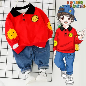 

Baby boy clothes cotton warm two-piece cartoon sun print smiley lapel sweater loose casual sportswear long sleeve jeans suit