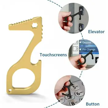 

Portable Hygiene Hand Brass Touchless Door Opener Elevator Handle Tools Key Ring Press Elevator Tool Beer Bottle Openers