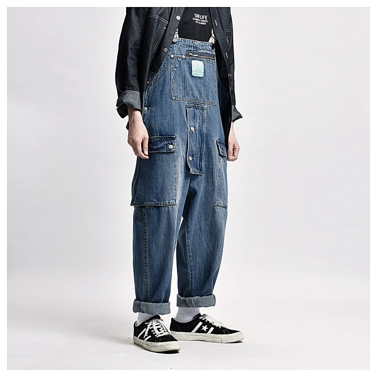 Distressed Blue Denim Overalls Men's Work Cargo Pants Old School Easy Chic Worker Multi-Pocket Bib Trousers Men Casual Dad Jeans