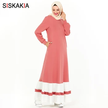 

Siskakia Sweet Ladies Casual Maxi Long Dress Sweatshirts Pink White Color Block lace Design Winter Dresses 2019 Loose Plus Size