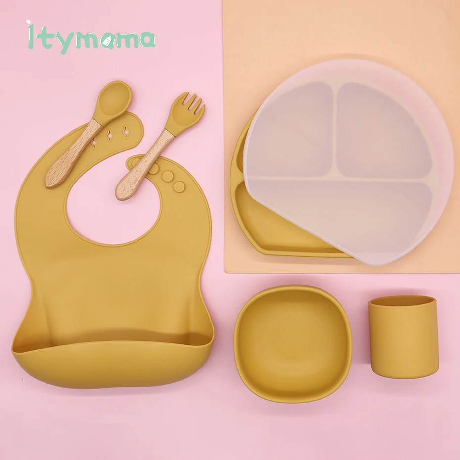 6pcs lot Solid Silicone Baby Feeding Bowl Plate Tableware Set Waterproof Kids Spoon Baby Bibs Suction